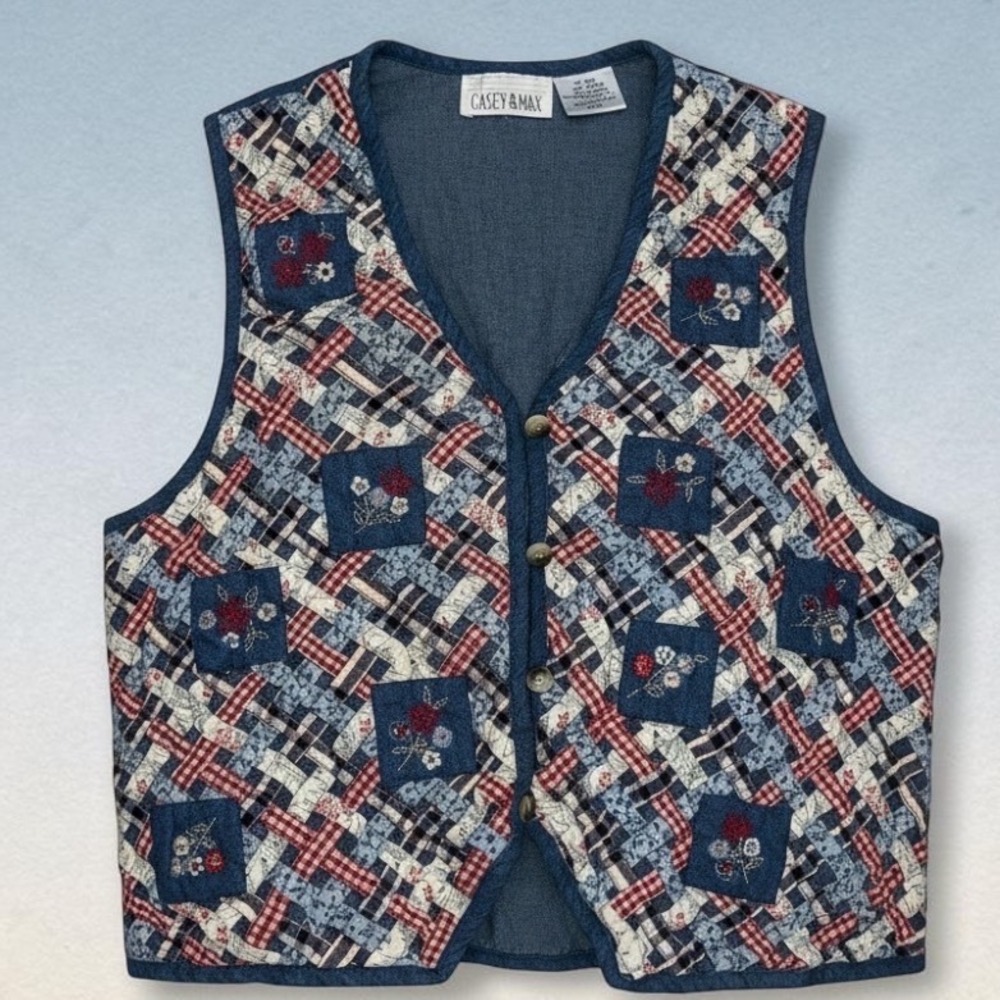 Casey & Max Vintage Woven Patchwork Floral Denim Vest XL Cottagecore Boho Blue - Picture 2 of 6